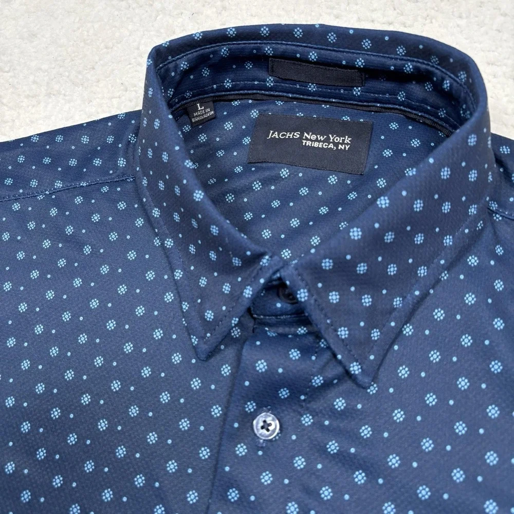 Jachs New York Button Shirt Mens L Blue Geometric Stretch Performance Short Slv
